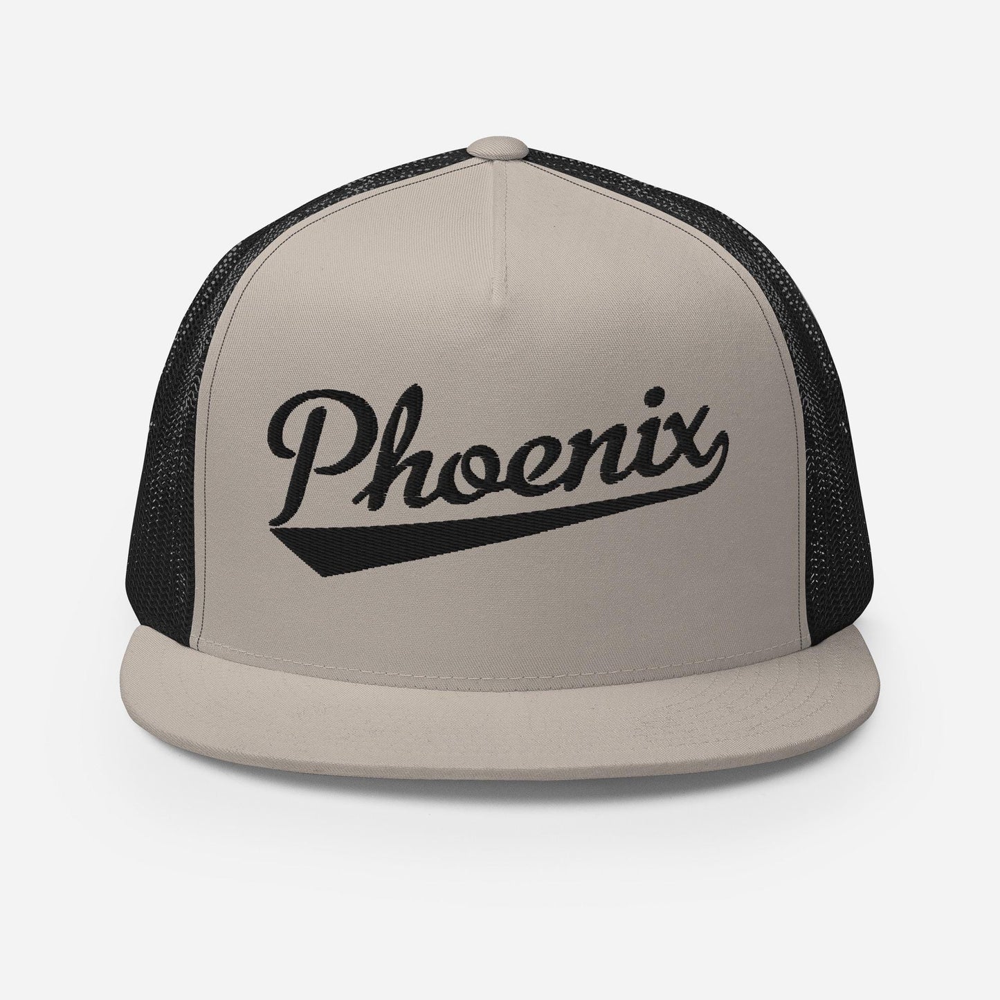 A beige baseball cap with the word "Phoenix" printed on it in black text.