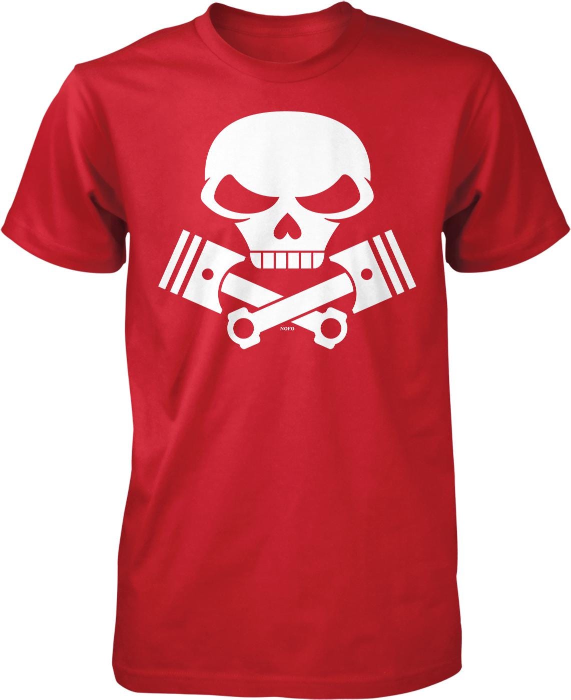 A red t-shirt with a white skull graphic and crossed engine pistons printed on it.