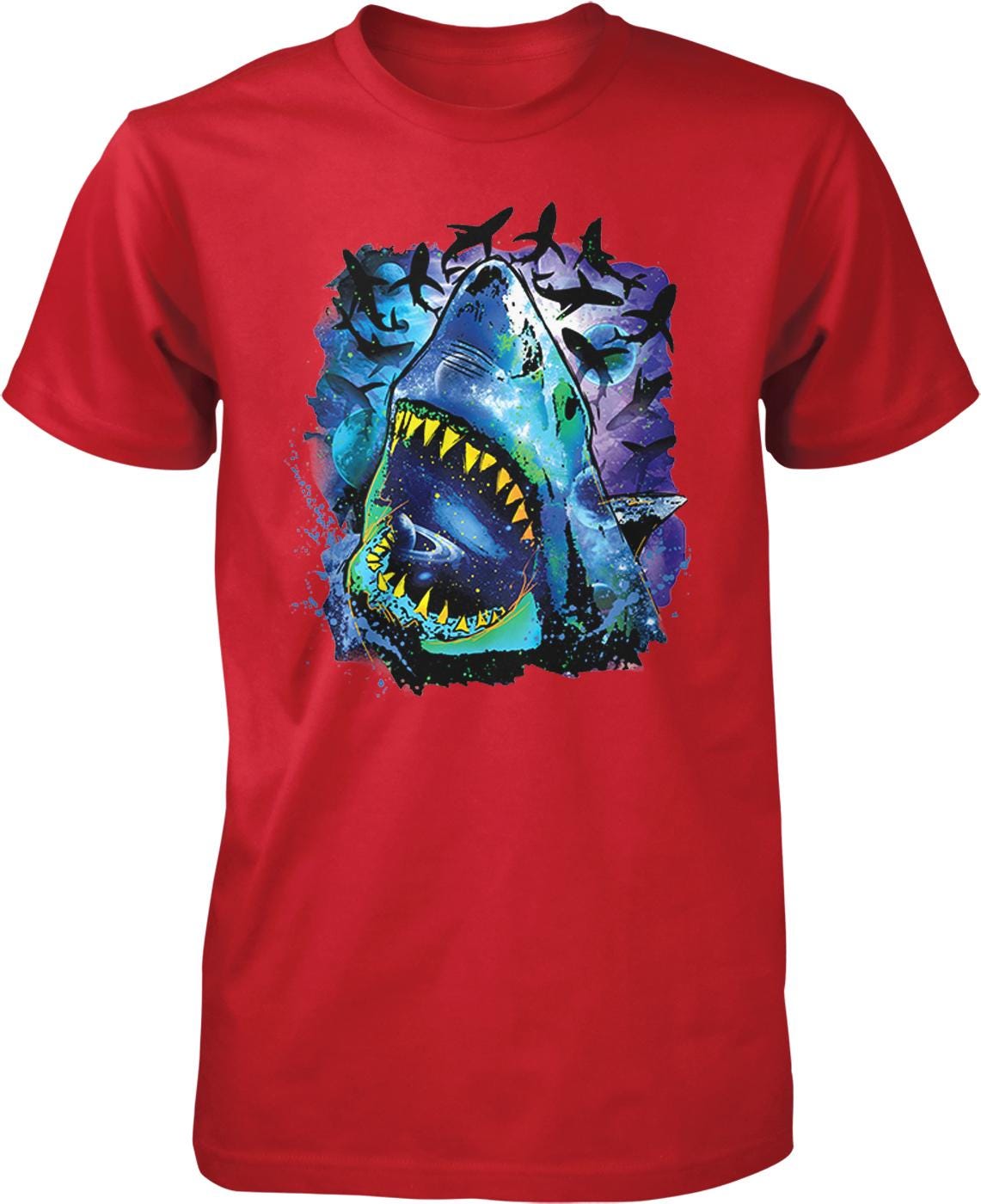 A red t-shirt with a graphic design depicting a large shark with its mouth open, surrounded by a colorful, abstract background.