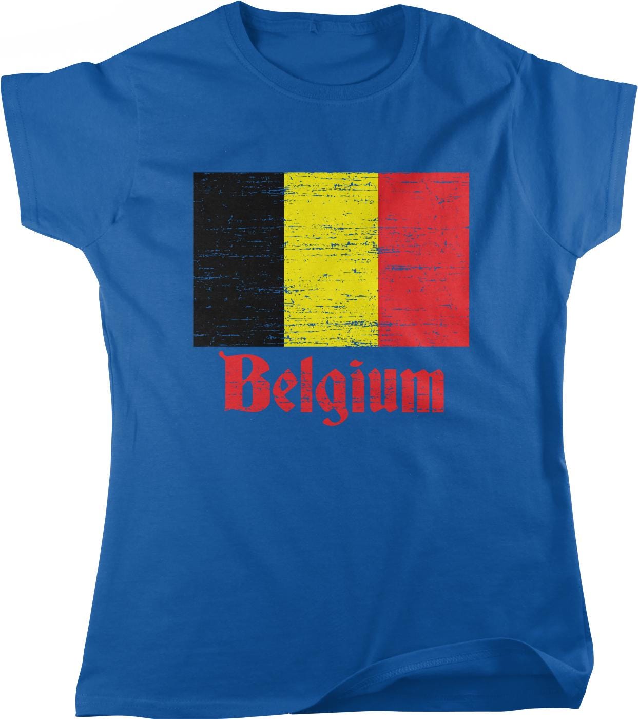 A blue t-shirt with a graphic design depicting the flag of Belgium, featuring the colors of the flag in red, yellow, and black. The word "Belgium" is written in red text below the flag.
