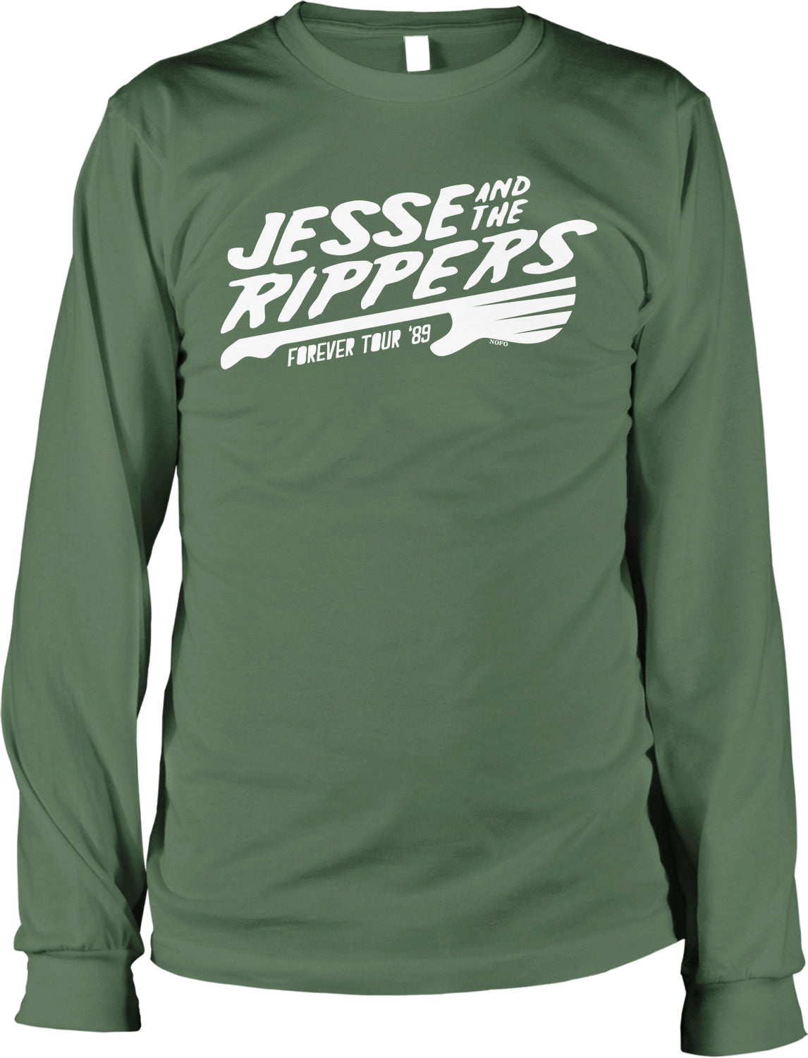 A green long-sleeved shirt with white text that reads "JESSE AND THE RIPPERS FOREVER TOUR 1989".
