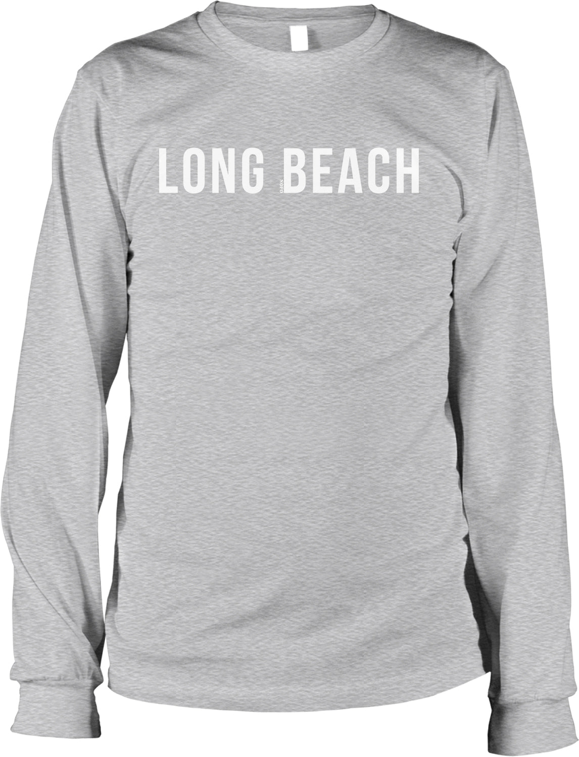 A gray long-sleeved shirt with the text "LONG BEACH" printed on it in white letters.