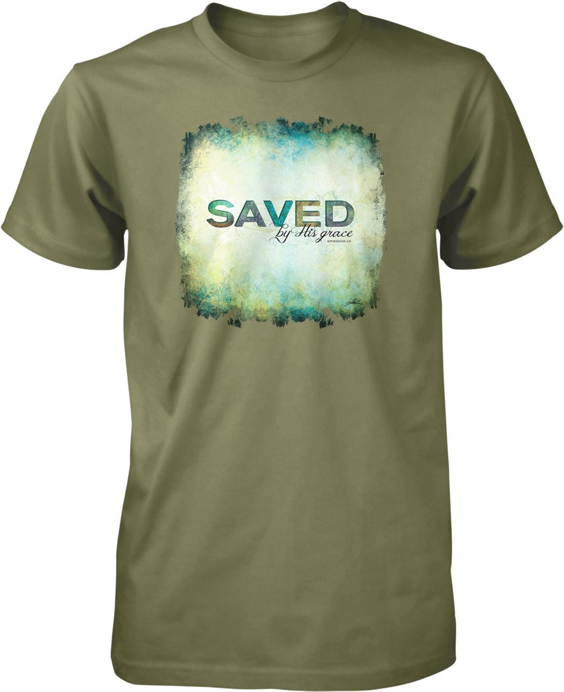 A green t-shirt with a graphic design featuring the text "SAVED by His grace" in a distressed, distressed font.