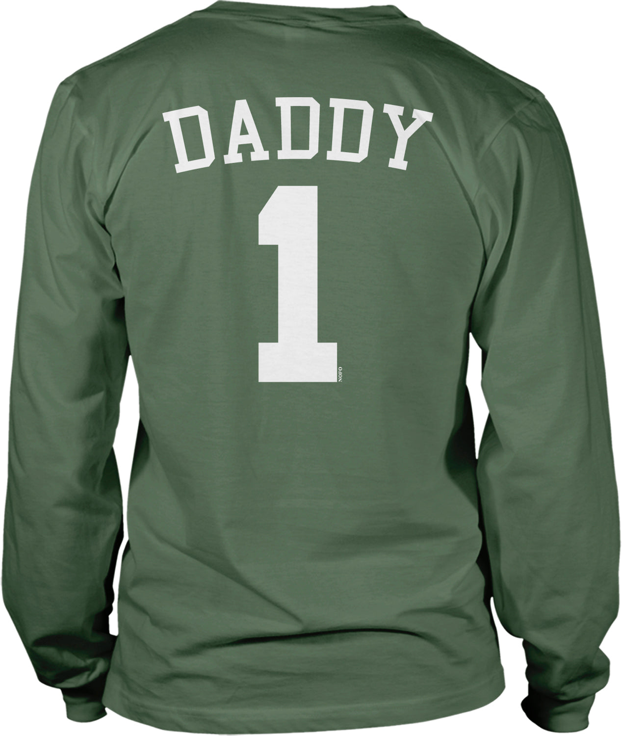A green long-sleeved t-shirt with the text "DADY 1" printed on the back.
