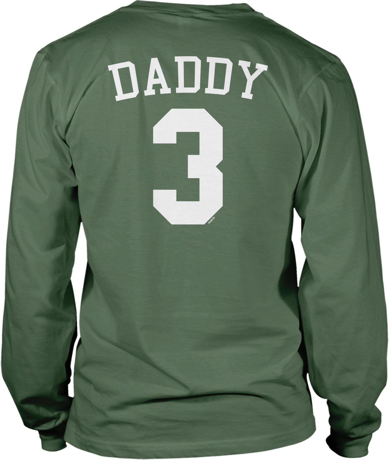 A green long-sleeved t-shirt with the text "DADY 3" printed on the back.