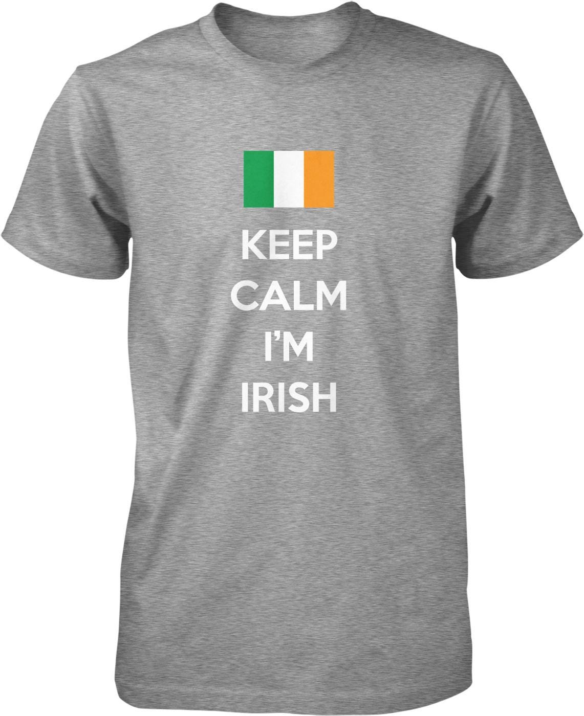 A gray t-shirt with the text "KEEP CALM I'M IRISH" printed on it, along with the flag of Ireland.