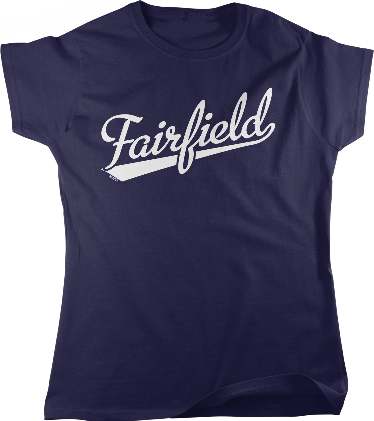 A navy blue t-shirt with the word "Fairfield" printed in white text across the front.