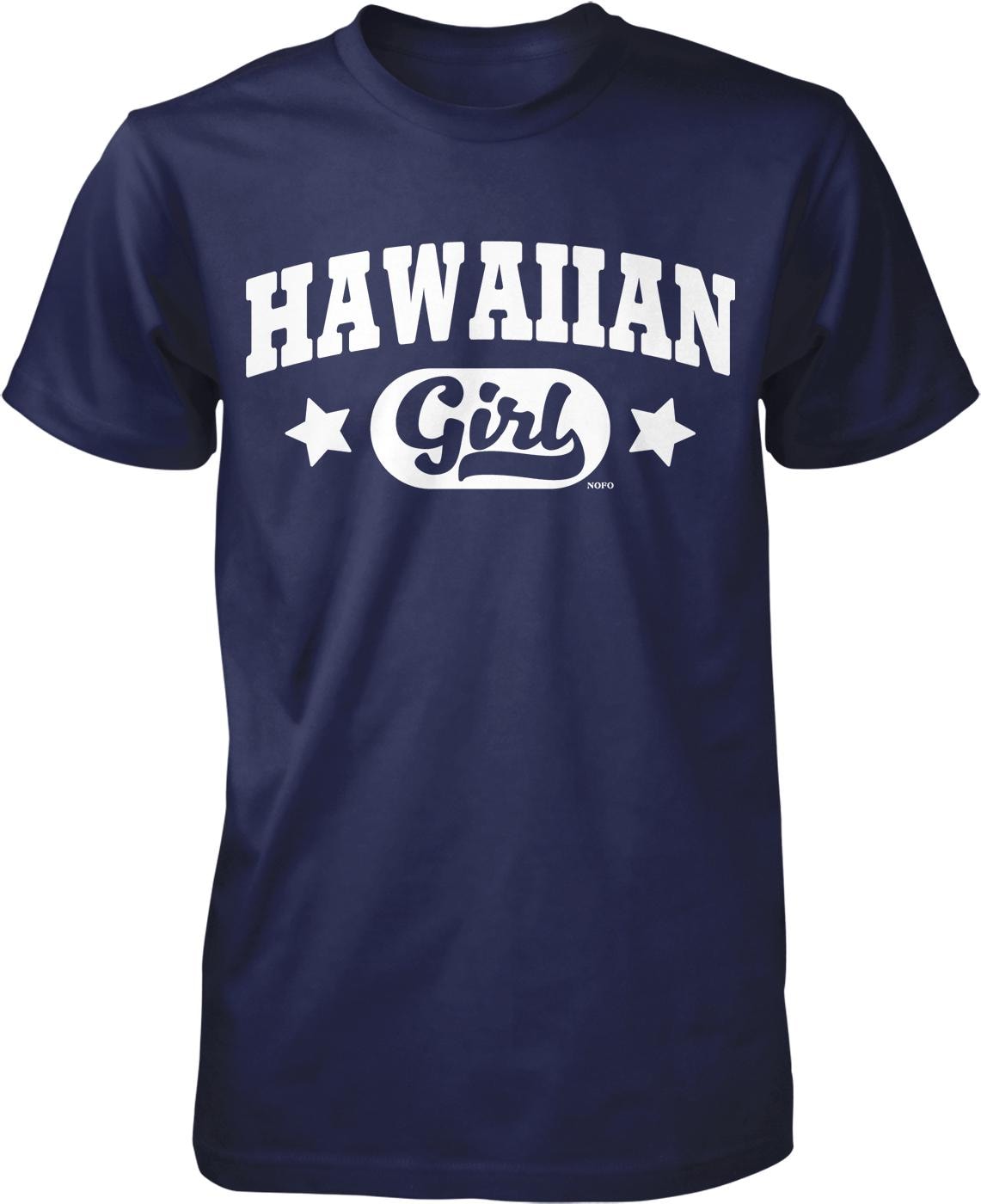 A navy blue t-shirt with the text "HAWAIIAN Girl" printed on it in white letters.