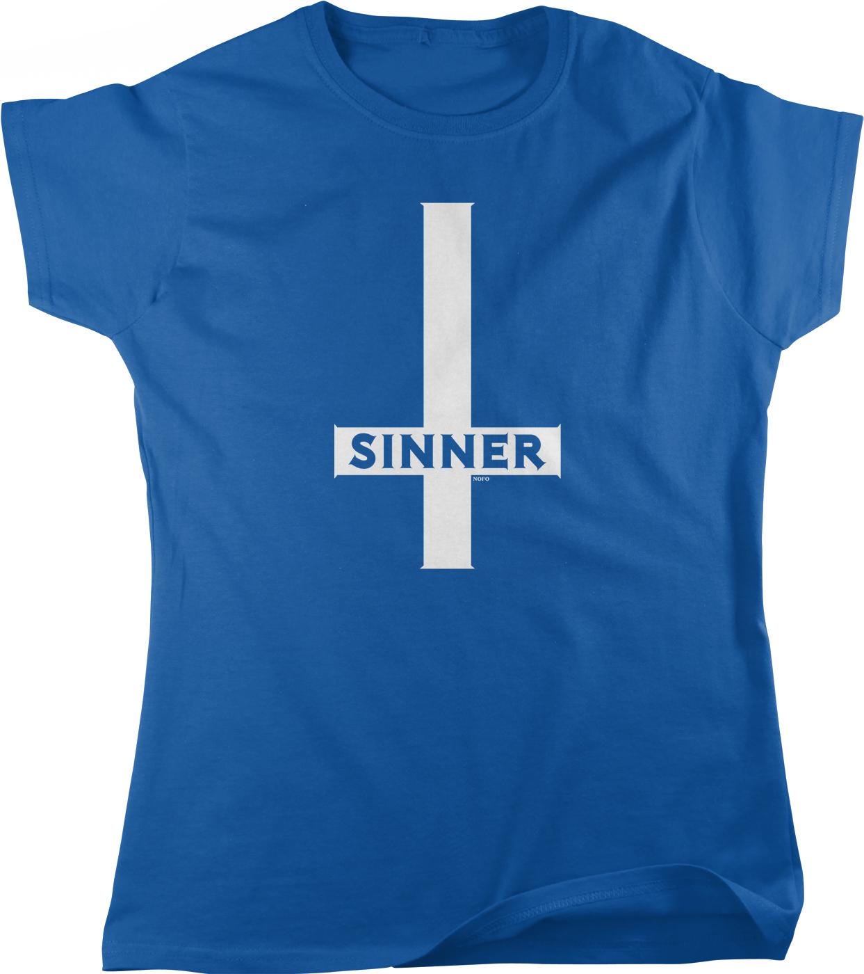 A blue t-shirt with a white graphic design on it.