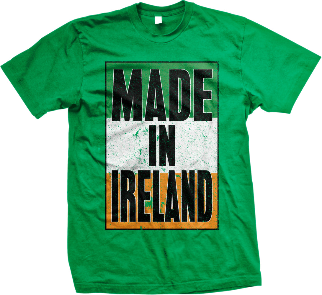 A green t-shirt with the text "MADE IN IRELAND" printed on it.