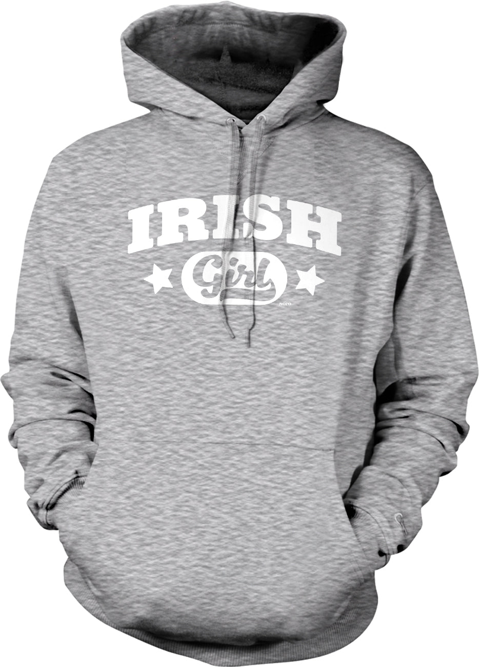 A gray hooded sweatshirt with the text "IRISH GIRL" printed on it in white letters.