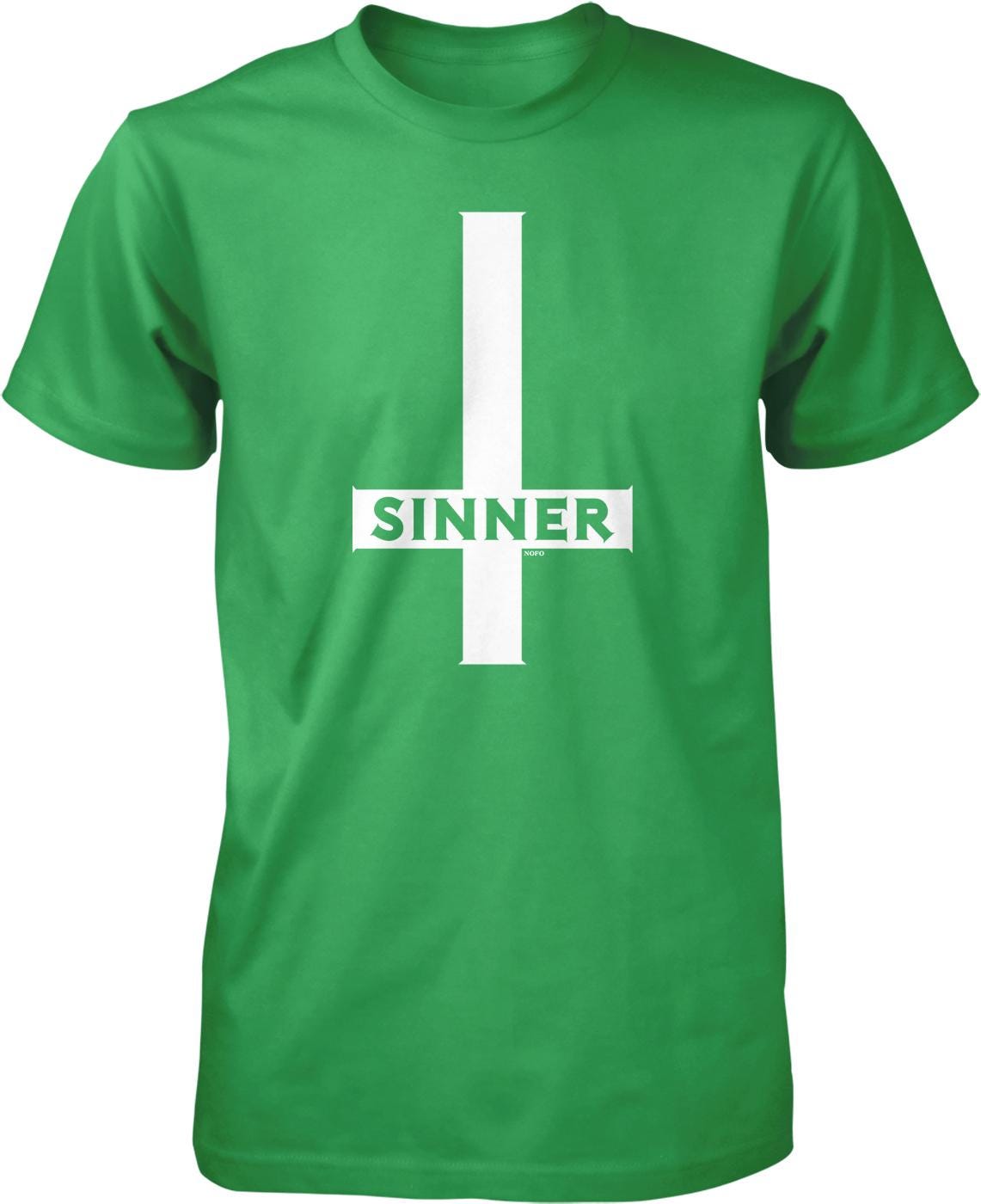 A green t-shirt with a white graphic design on it.