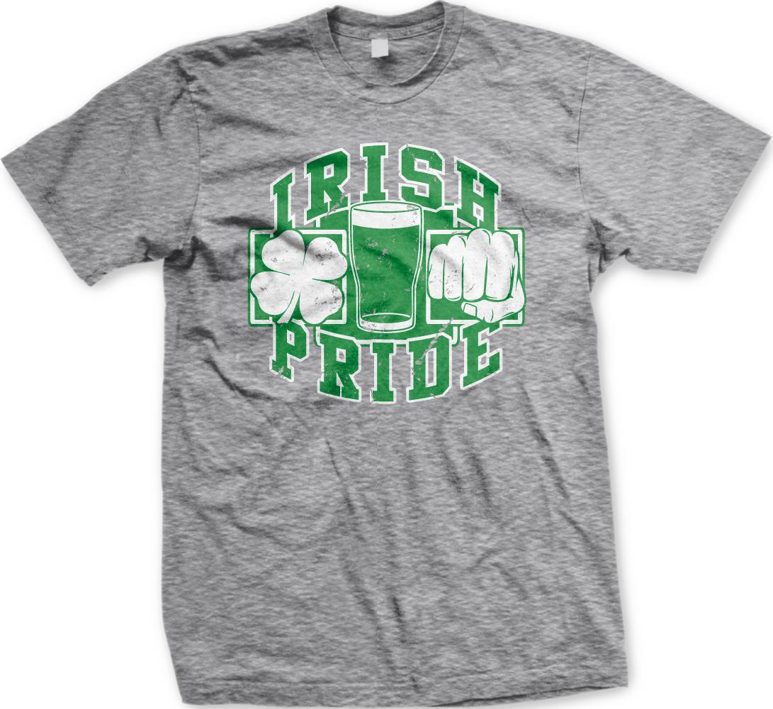 A grey t-shirt with a graphic design featuring a glass of beer and the text "IRISH PRIDE" in green and white.