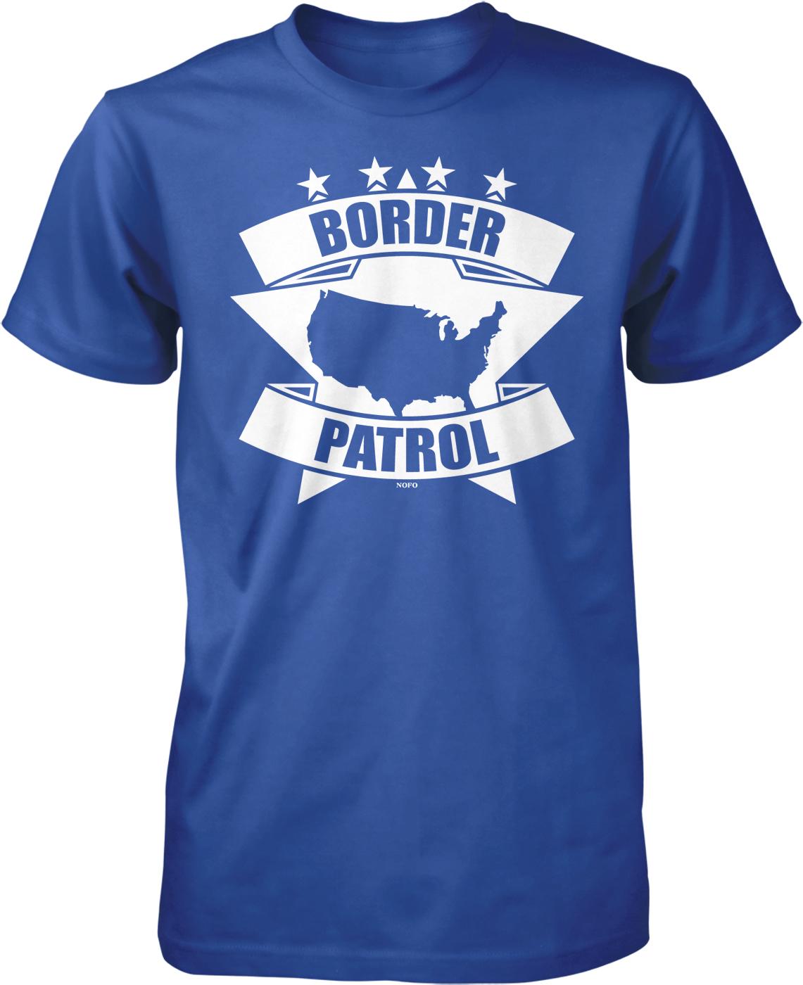 A blue t-shirt with a graphic design featuring a silhouette of the United States and the text "BORDER PATROL" along with a star-shaped banner.
