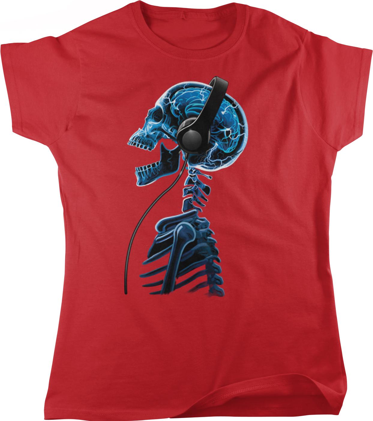 A red t-shirt with a graphic design depicting a skull wearing headphones.