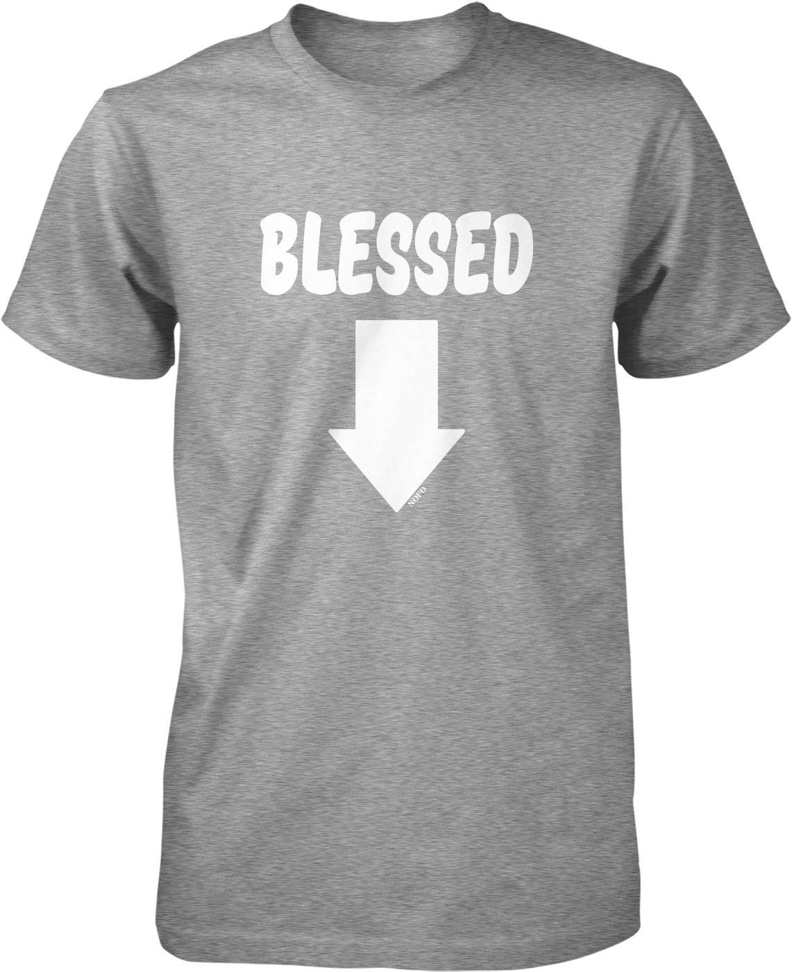 A gray t-shirt with the text "BELLESSED" and a white downward-pointing arrow printed on it.
