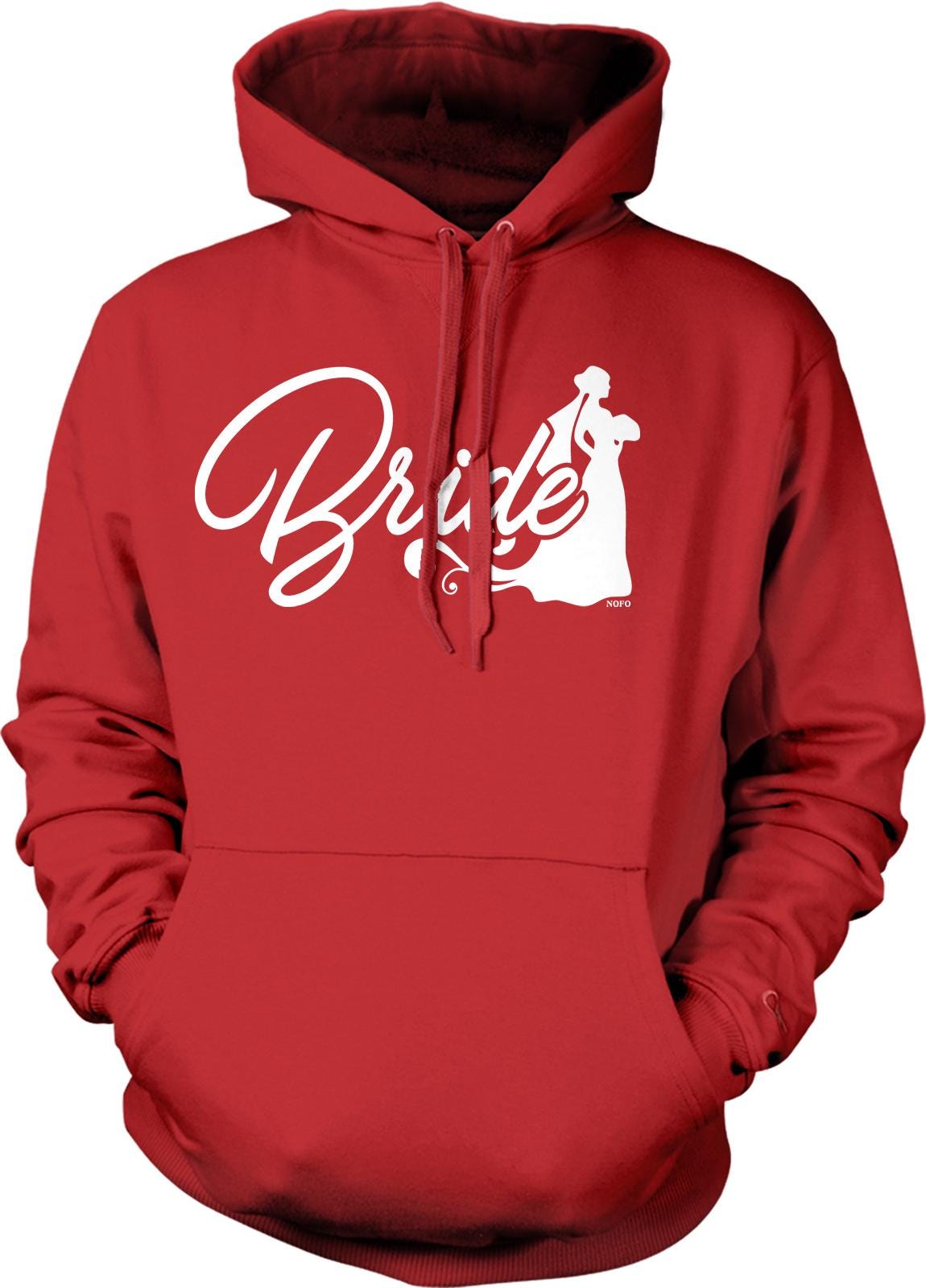 A red hoodie with the word "Bride" printed on it in white text.