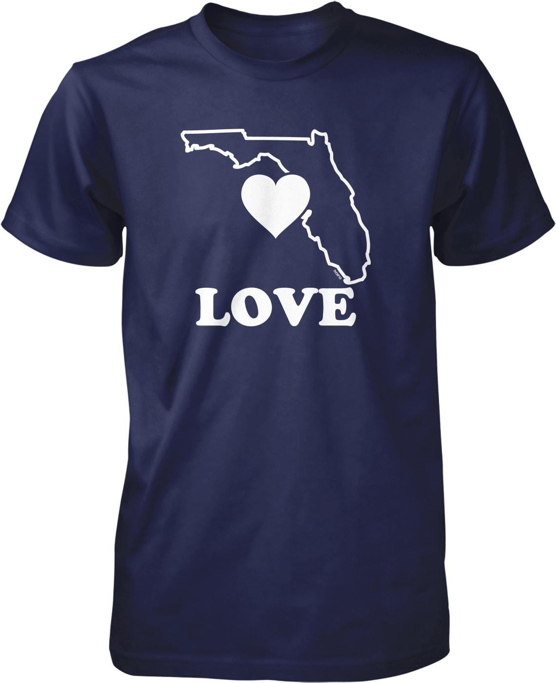 A navy blue t-shirt with a white graphic design that includes a heart symbol and the word "LOVE" written below it.