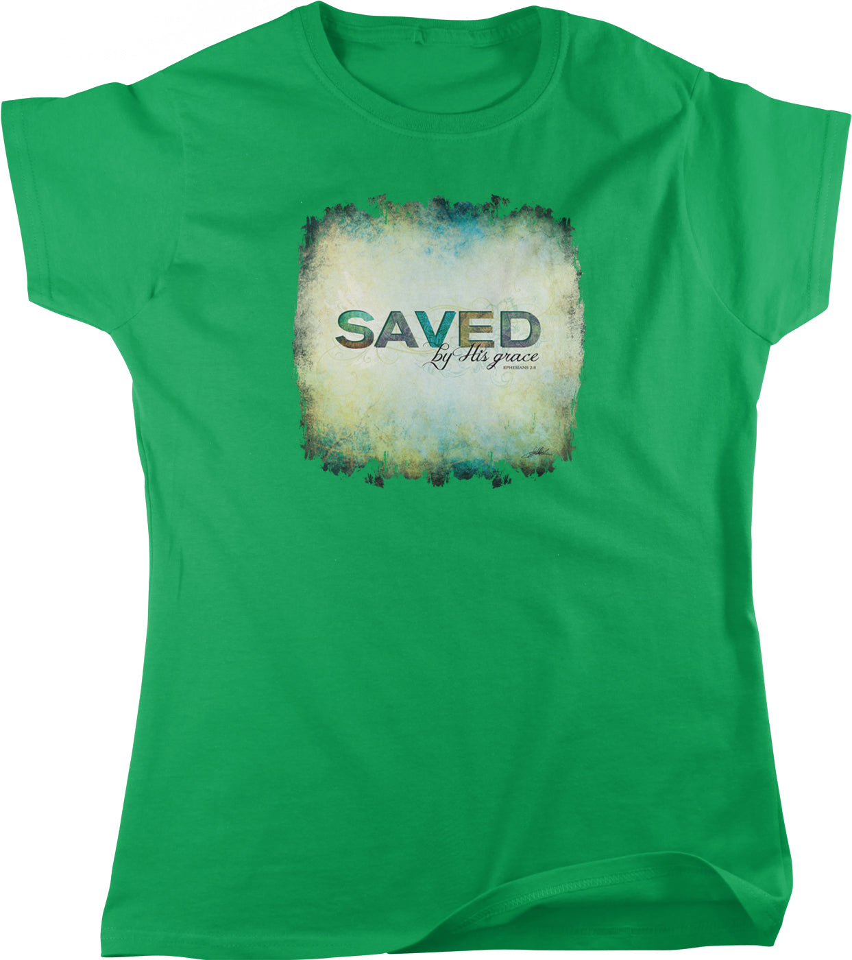 A green t-shirt with a graphic design featuring the text "SAVED" in a stylized font, surrounded by a distressed, grunge-like background.