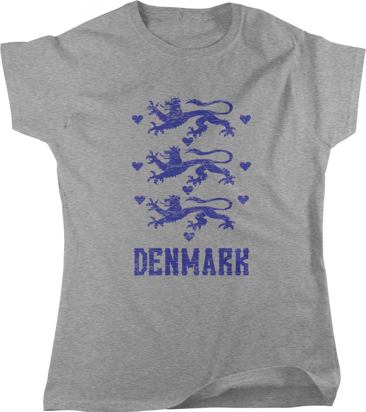 A gray t-shirt with a graphic design featuring a blue lion and heart pattern, along with the word "DENMARK" printed below.
