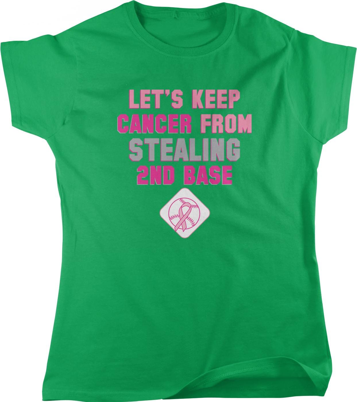 The image is a green t-shirt with text and a pink ribbon symbol, which is related to breast cancer awareness.