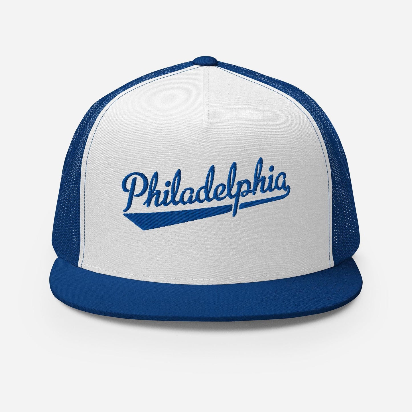 A white and blue baseball cap with the word "PhiladELPHIA" printed on it.