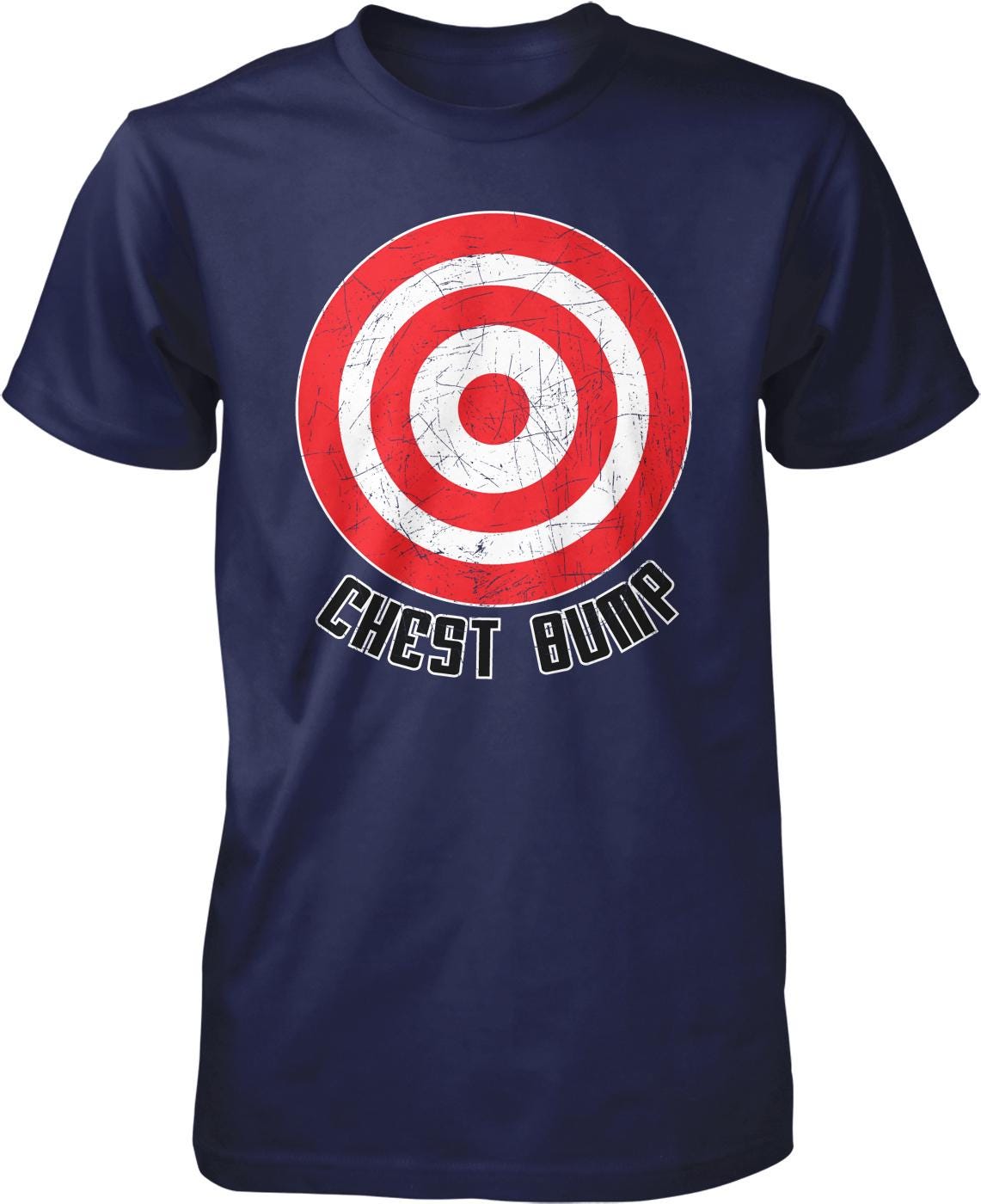 A navy blue t-shirt with a red and white target design and the text "CHEST BUMP" printed on it.