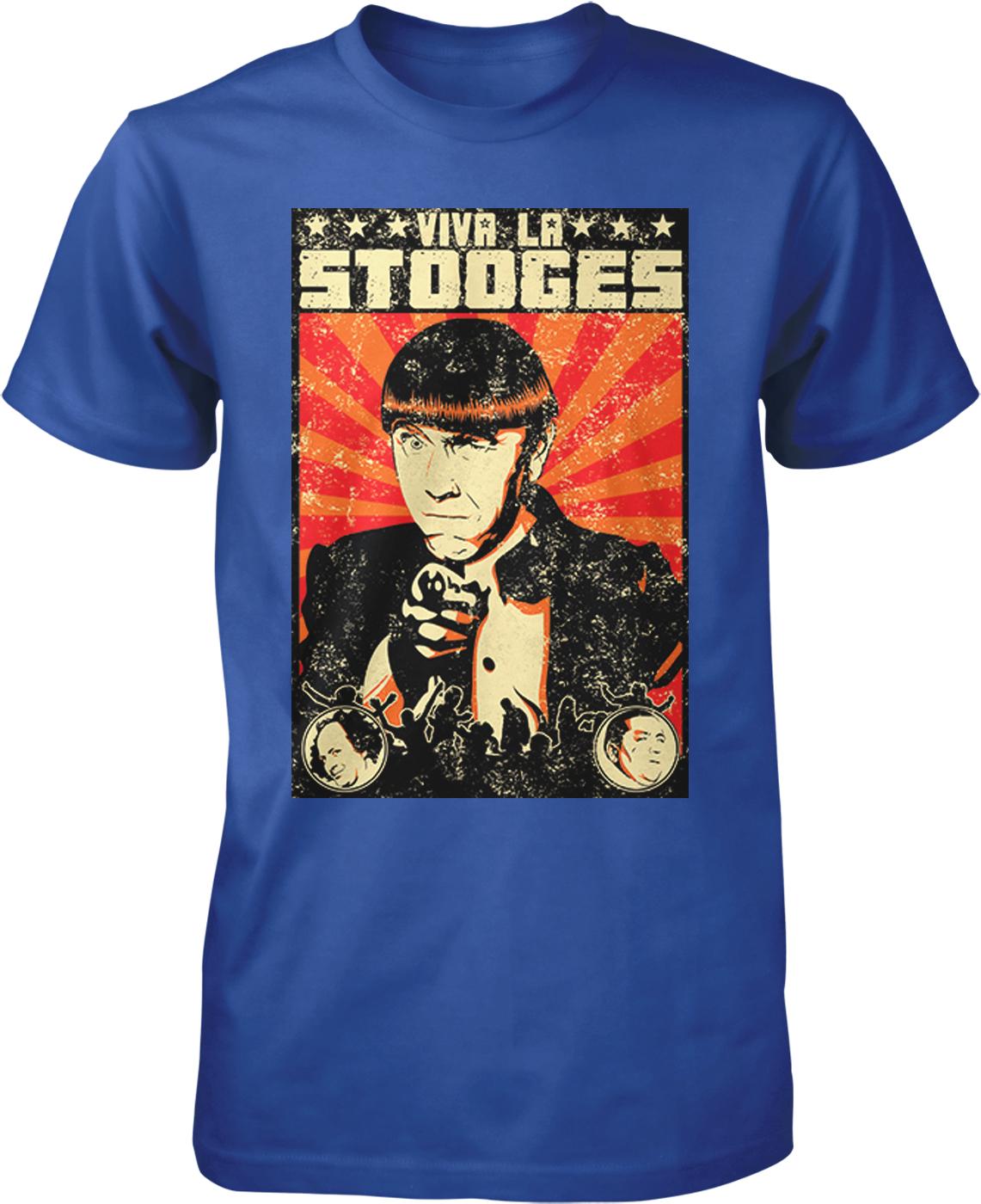 A blue t-shirt with a graphic design featuring a man's face and the text "VIVA LA STOOGES" prominently displayed.