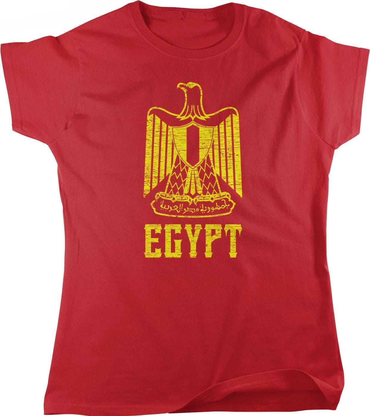 A red t-shirt with a yellow graphic design depicting the Egyptian flag and the word "EGYPT" printed on it.