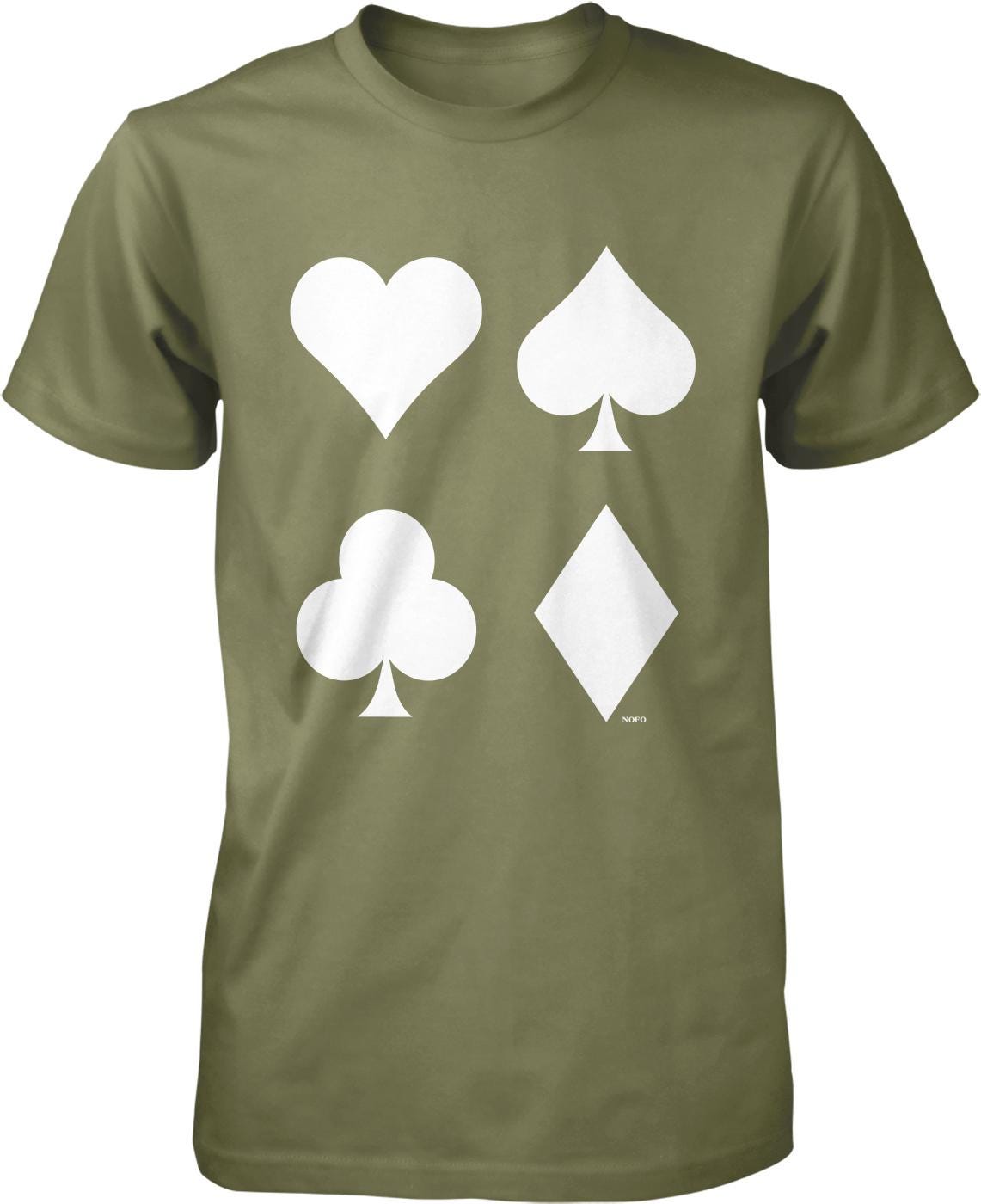 A green t-shirt with four white playing card symbols printed on it.