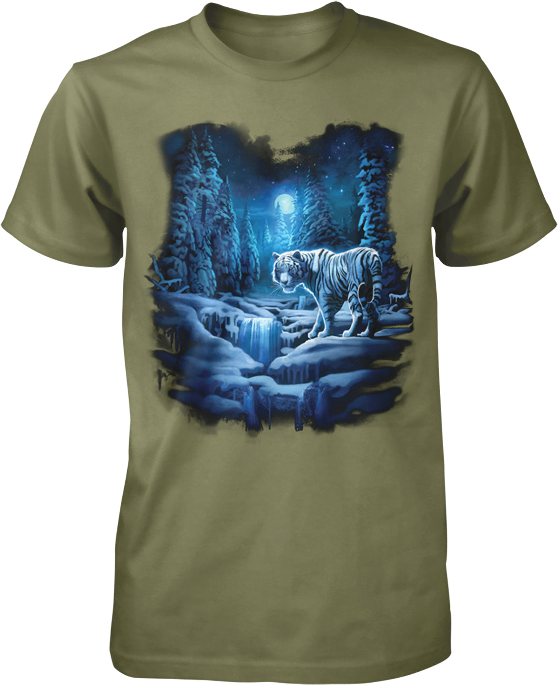 A t-shirt design featuring a tiger walking through a snowy forest at night, with a full moon and a waterfall in the background.