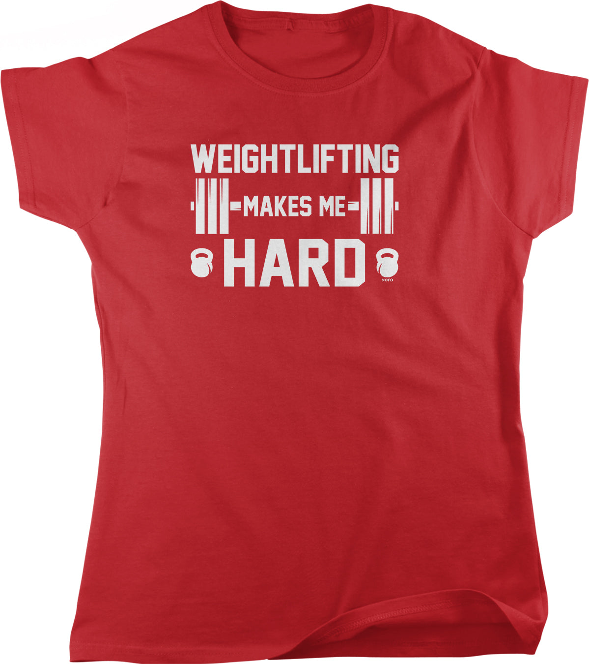 A red t-shirt with the text "WEIGHTLIFTING MAKES ME HARD" printed on it.