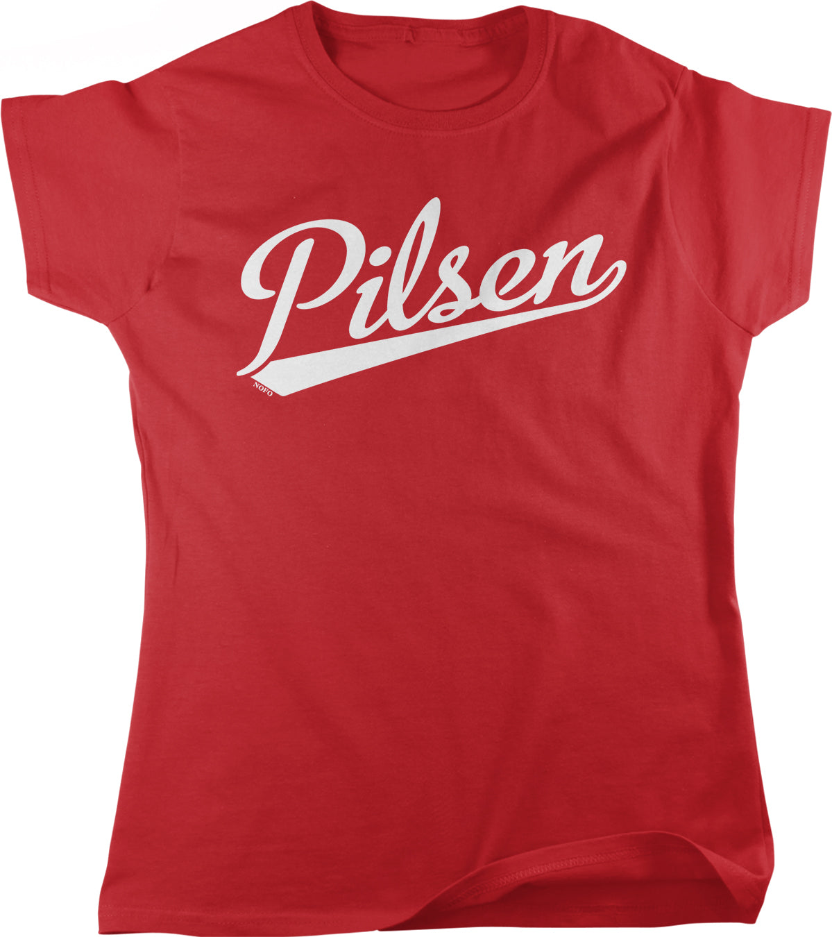 A red t-shirt with the word "Pilsen" printed in white text.