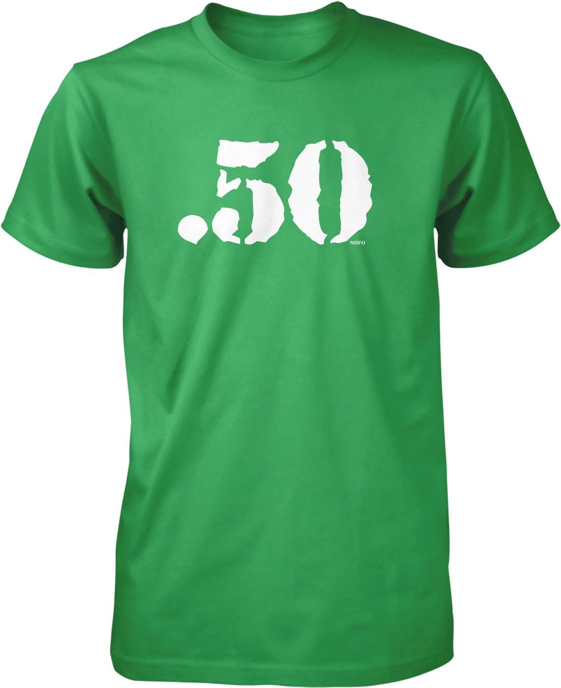 A green t-shirt with the number 50 printed on it.