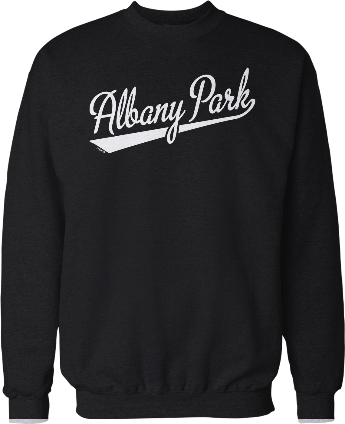 A black sweatshirt with the text "Albany Park" printed on it in white lettering.