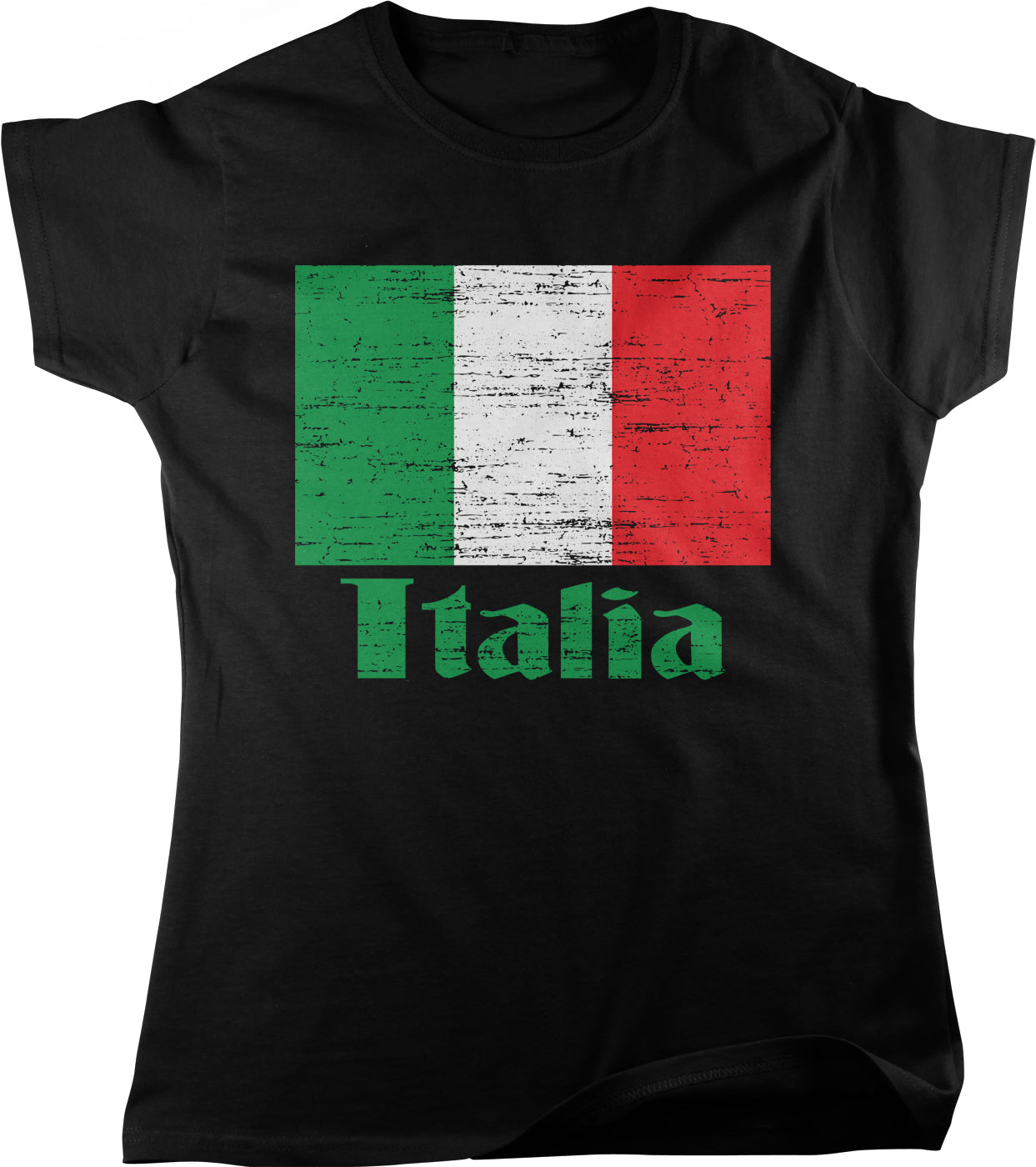 A black t-shirt with the word "Italia" printed on it, along with a graphic of the Italian flag.