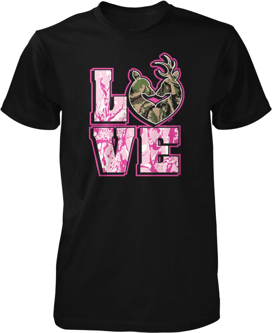 A black t-shirt with a graphic design featuring the word "LOVE" in pink and green colors, along with a camouflage-like shape.