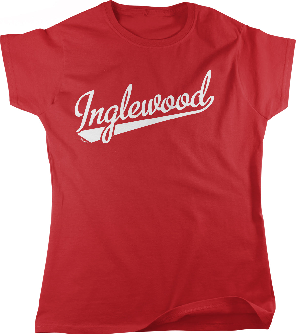 A red t-shirt with the word "Inglewood" printed in white text.
