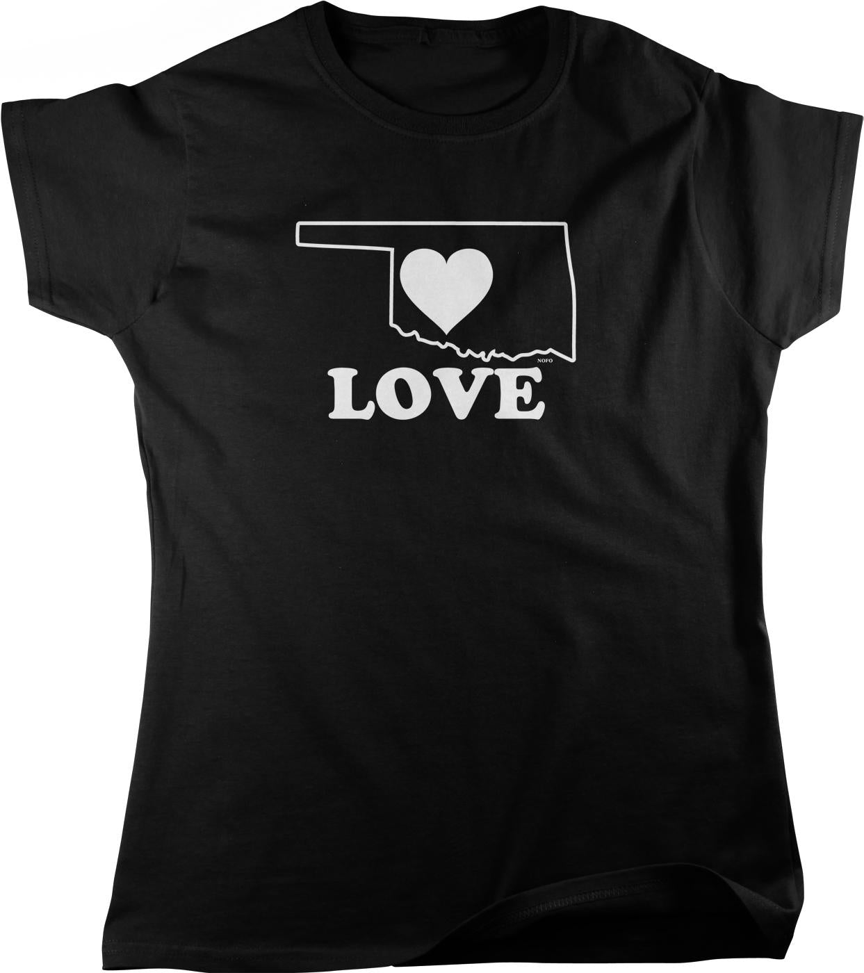 A black t-shirt with a white graphic design that says "LOVE" and features a heart symbol inside the state of Oklahoma.
