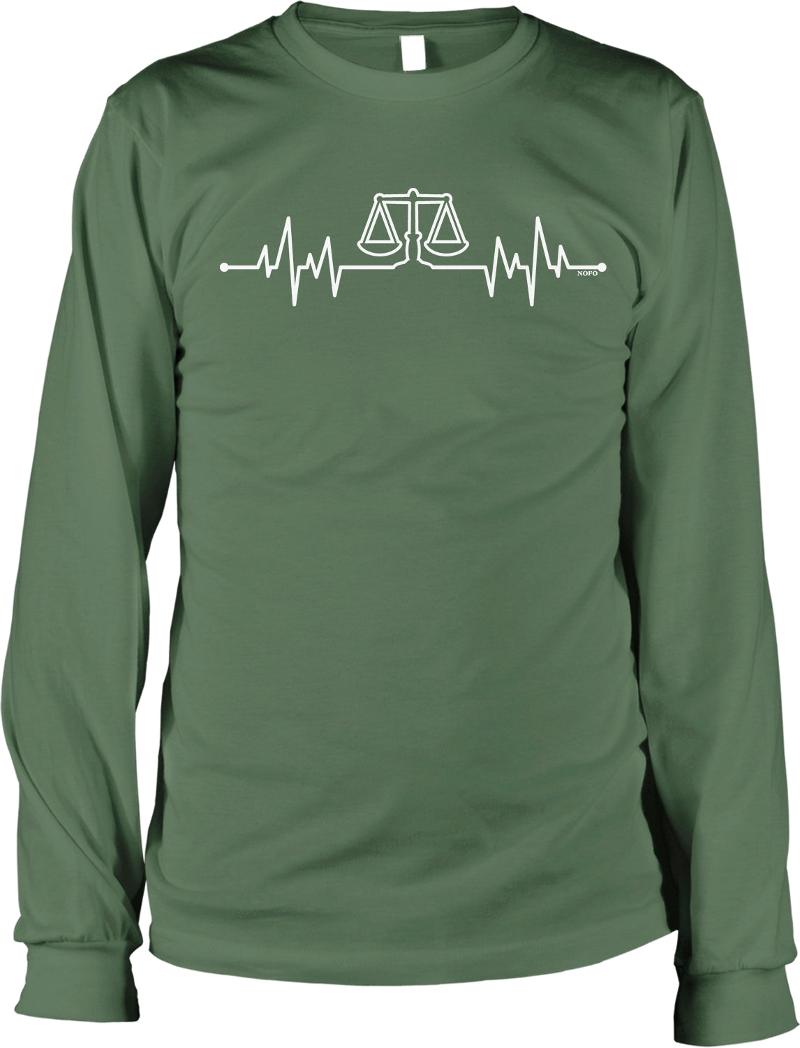 A long-sleeved green t-shirt with a graphic design depicting a scale of justice and a line graph or ECG-like line on the front.