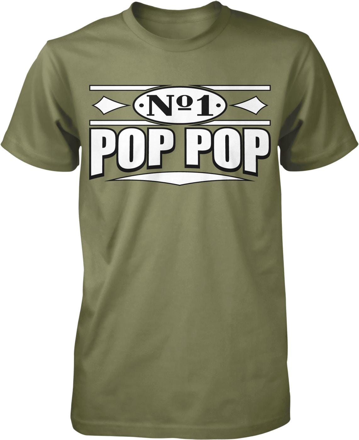 A green t-shirt with the text "No 1 POP POP" printed on it.