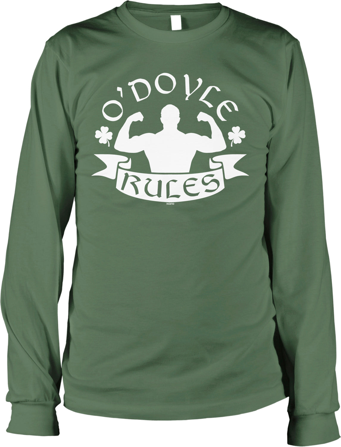 A long-sleeved green t-shirt with a graphic design featuring a muscular man's silhouette and the text "O'DOVE RULES" printed on it.