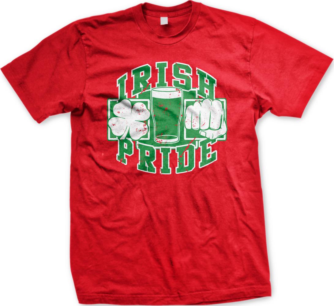 A red t-shirt with a graphic design featuring a cloverleaf, a glass of beer, and the text "IRISH PRIDE" in green and white.