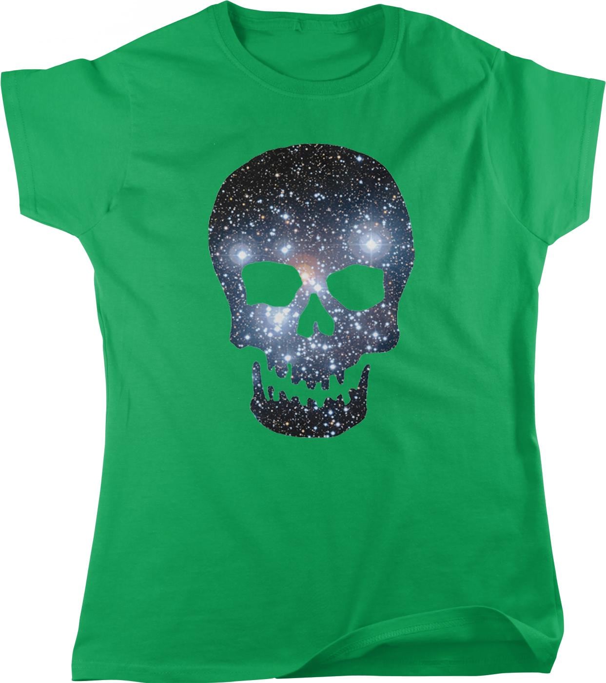 A green t-shirt with a black skull design featuring a starry background.