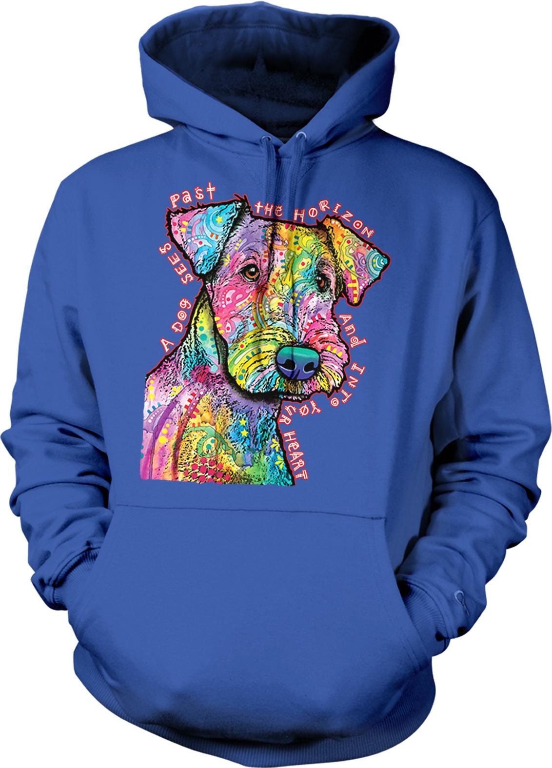 A blue hoodie with a colorful, abstract dog design and text around it.