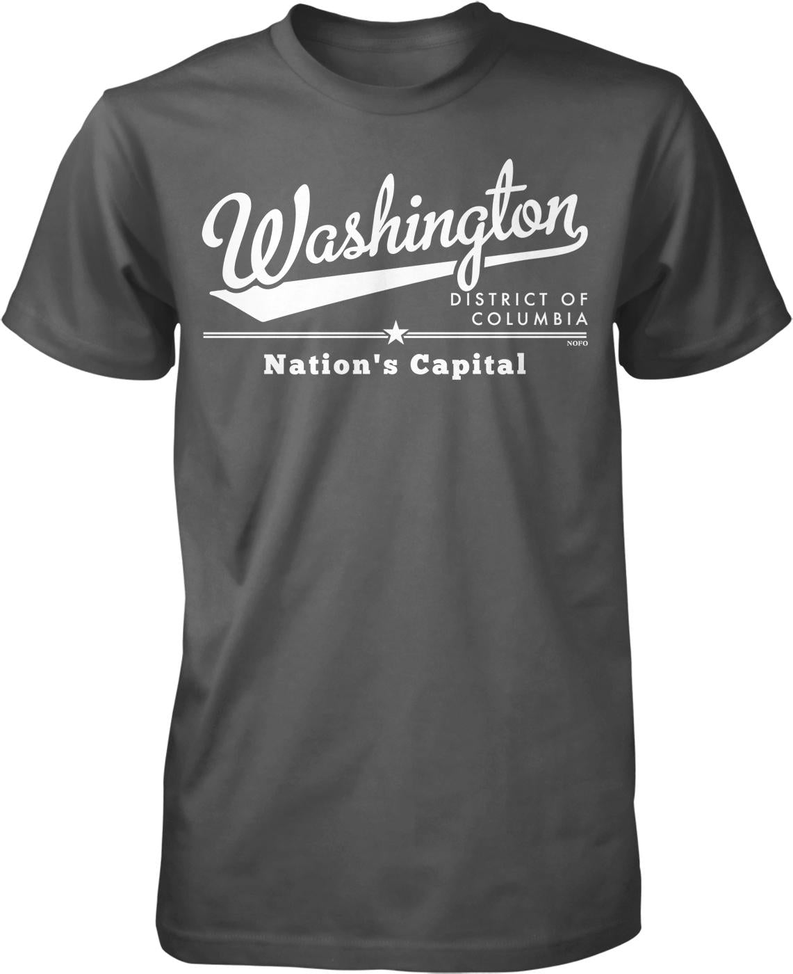 A gray t-shirt with white text and graphics printed on it.