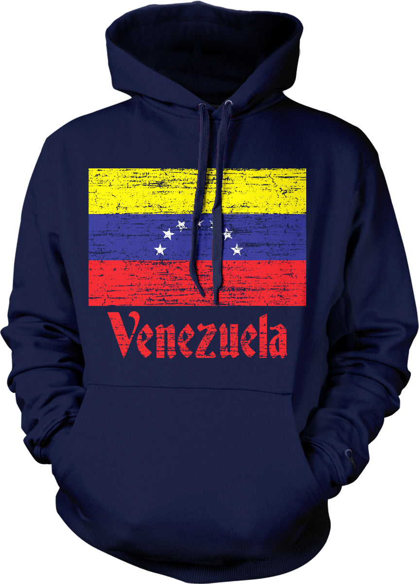 A navy blue hoodie with a graphic of the flag of Venezuela printed on it.