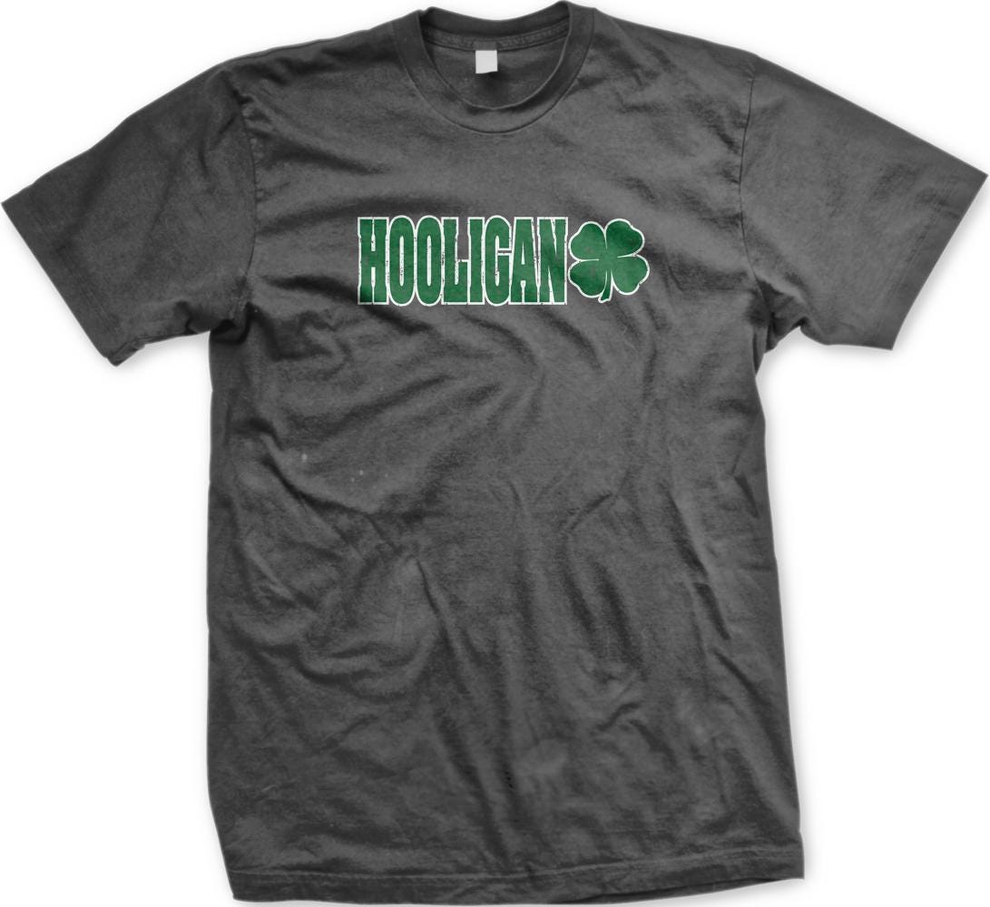 A grey t-shirt with the word "HOOLIGAN" printed on it in green text.