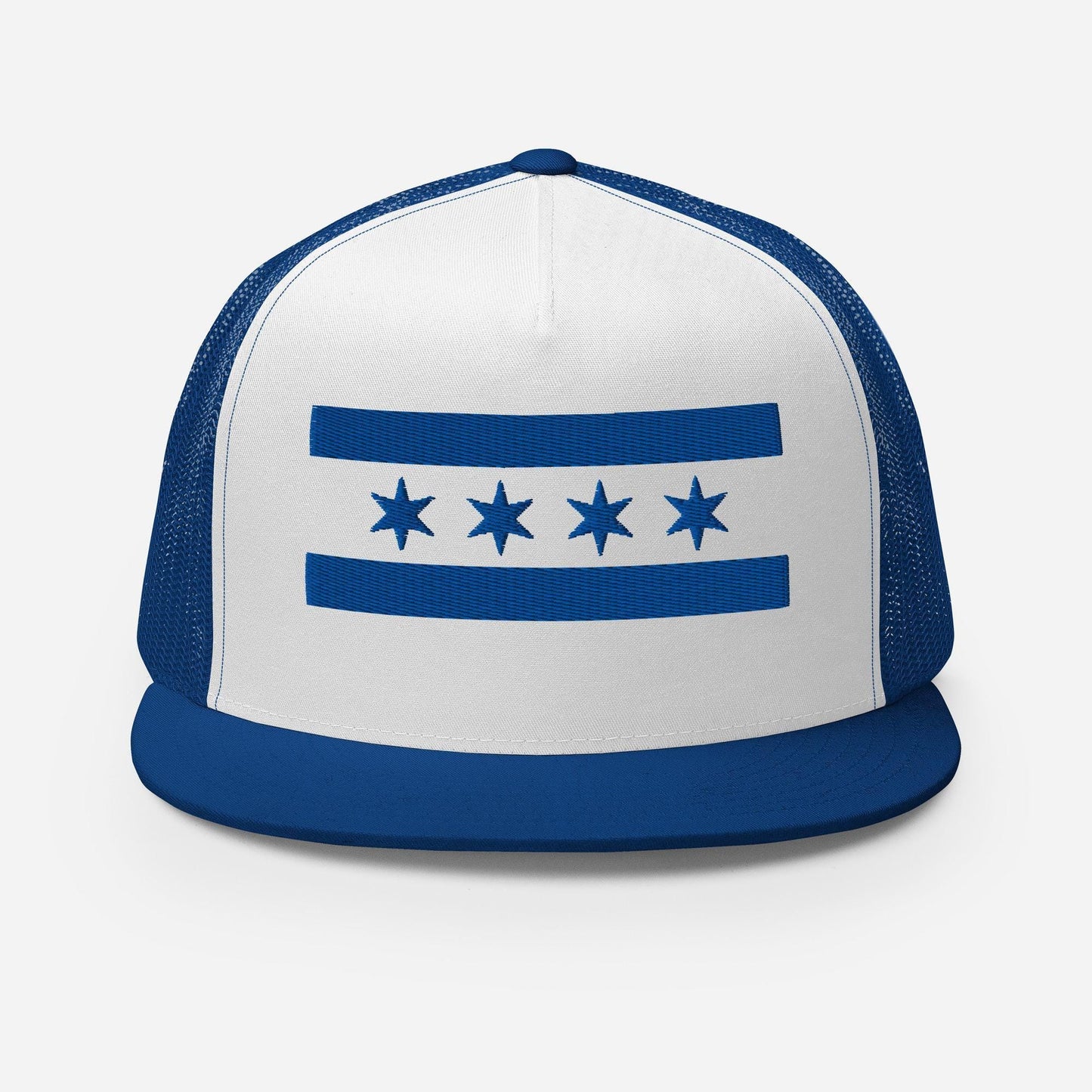 A white and blue baseball cap with a blue and white flag design on the front.