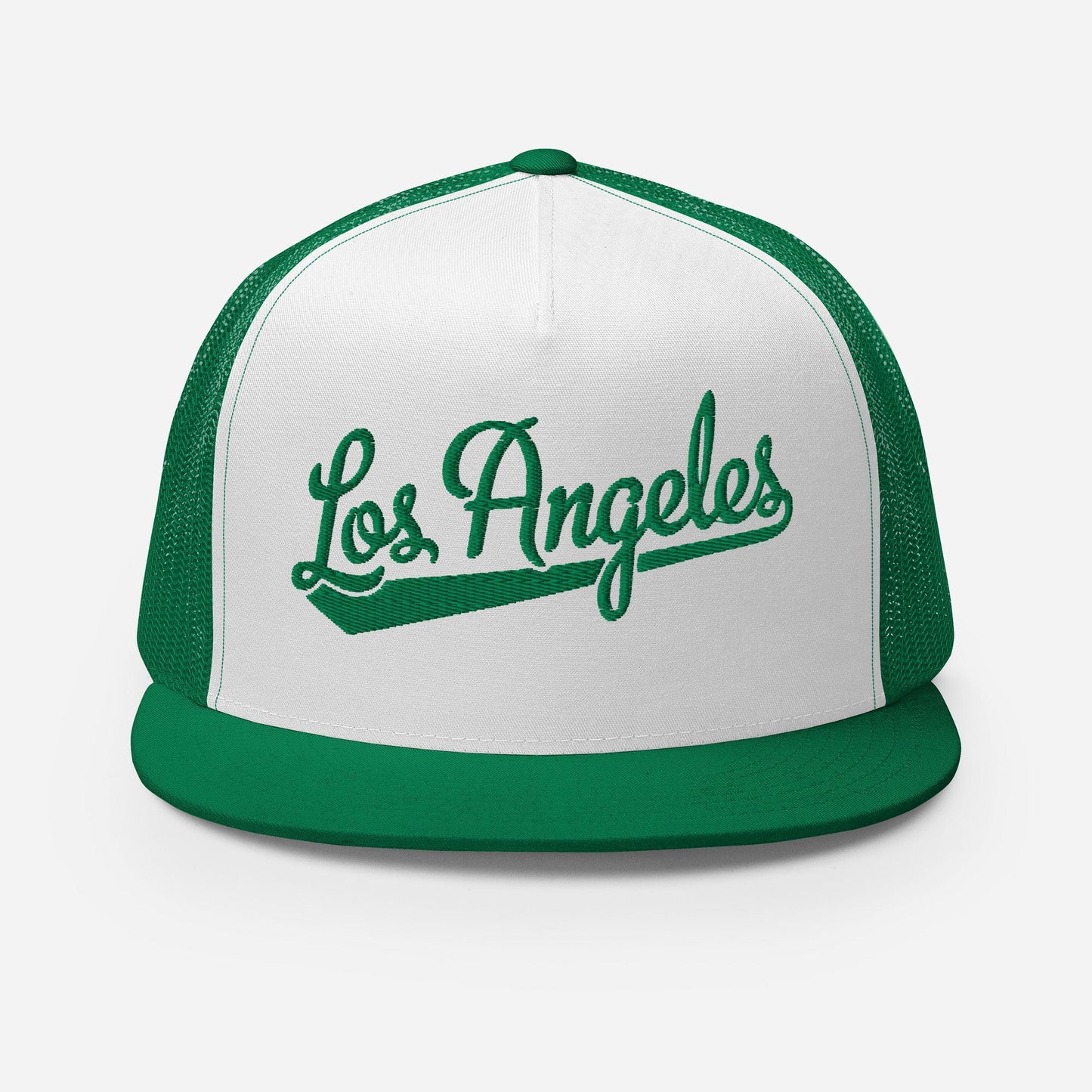A green and white baseball cap with the text "Los Angeles" printed on it.